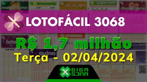 Resultado da Lotofácil 3068 de hoje, 02/04; prêmio é de R$ 1,7 milhão.